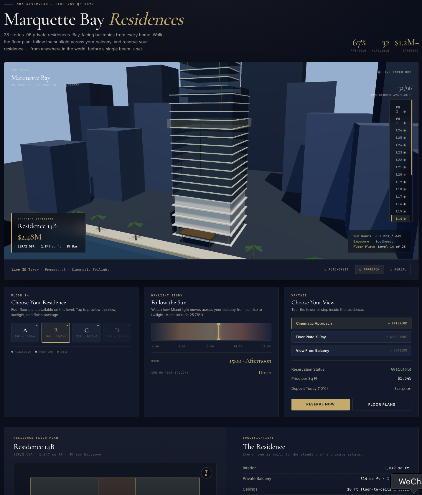 Boutique Condo Pre-Sales Visualization — interactive 3D luxury condominium tower with champagne-gold floor selector, residence inventory panel, daylight study, and bay view simulation. A modern virtual sales experience for boutique luxury condo developers, built by Tommy at xImmersion using Three.js and WebGL.